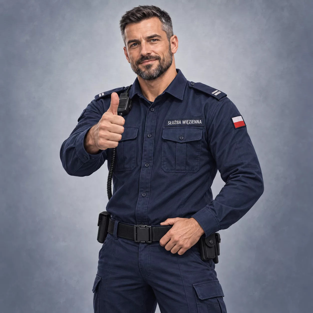 Funkcjonariusz Służby Więziennej patrzy na ekran telefonu trzymanego w dłoni